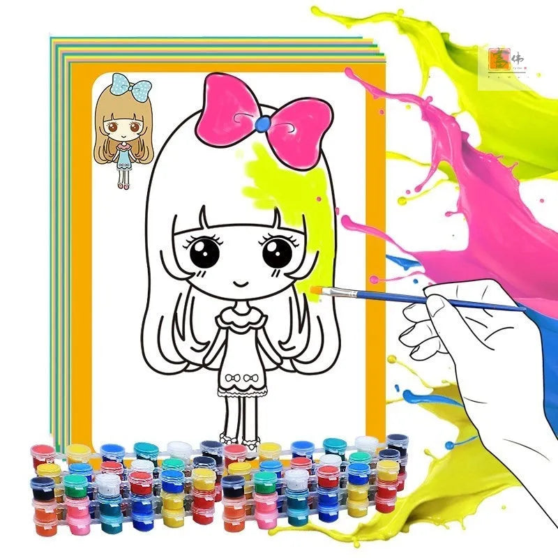 Children's gouache painting set with 50 pre-printed pictures, 8 pigment rows, brushes and palette
