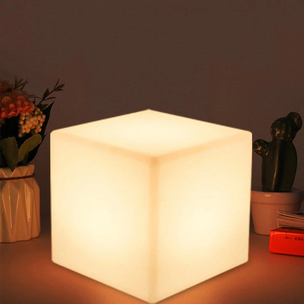 Square cube table lamp with LED lighting in modern design for restaurant atmosphere
