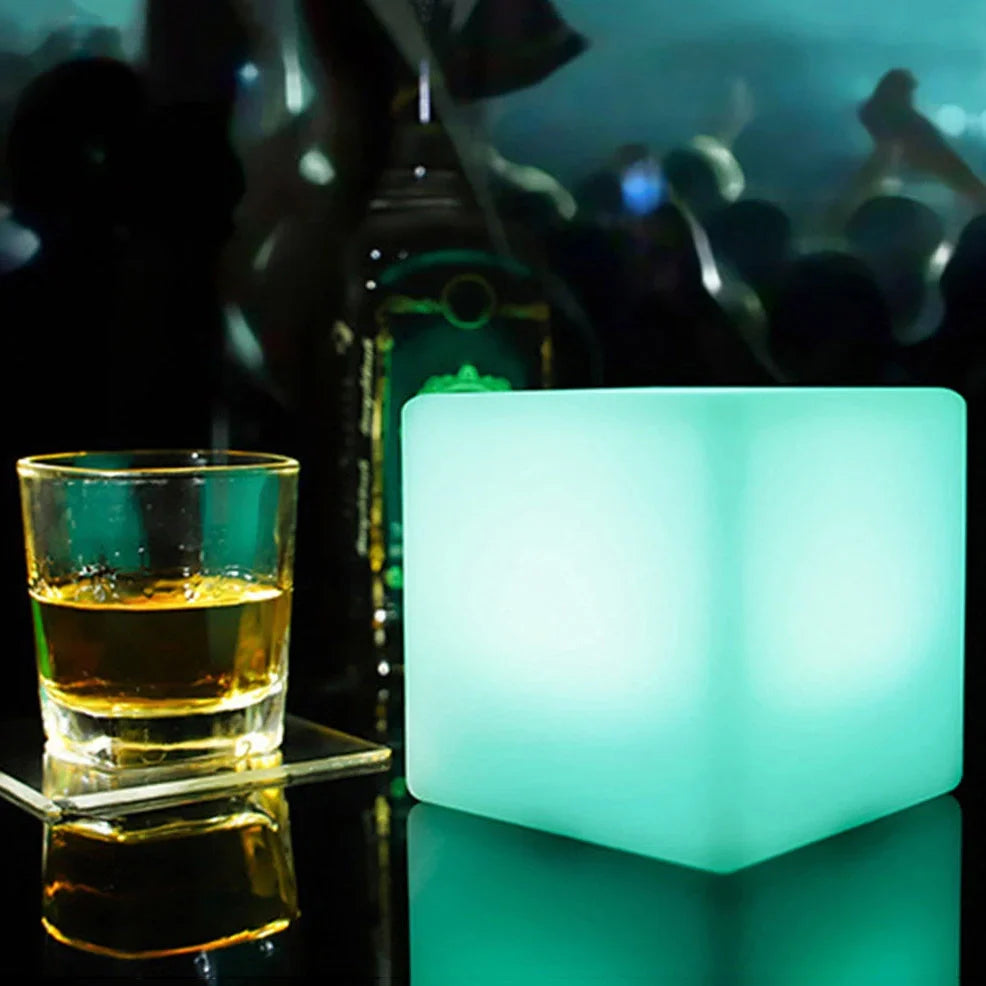 Square cube table lamp with LED lighting in modern design for restaurant atmosphere