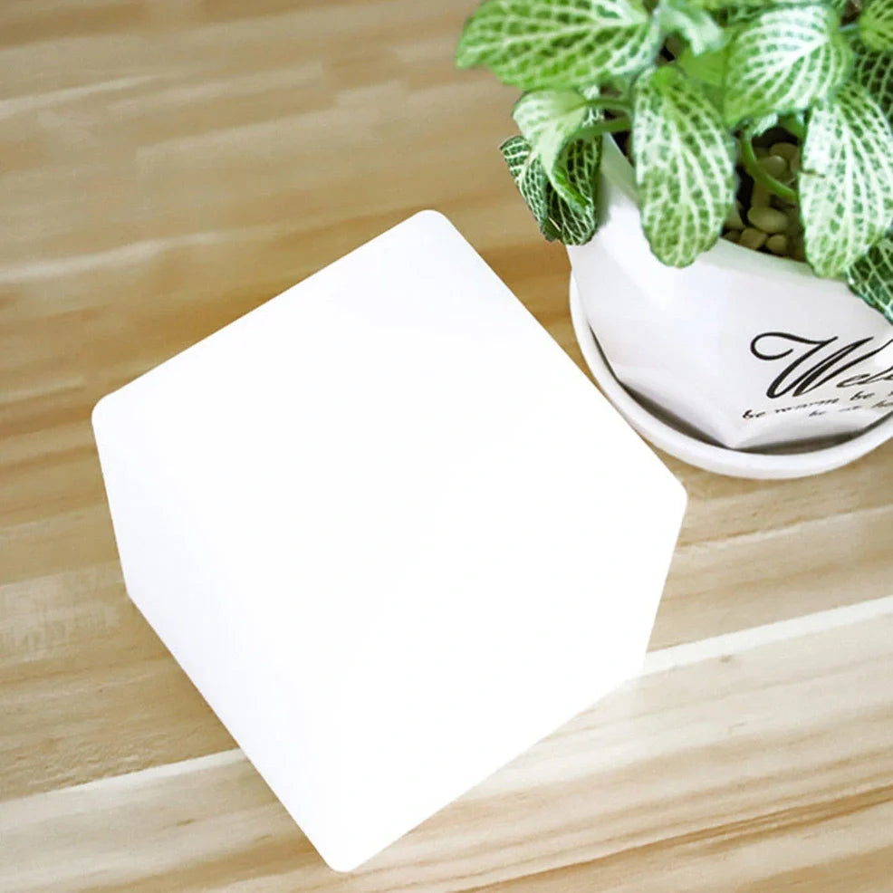 Square cube table lamp with LED lighting in modern design for restaurant atmosphere