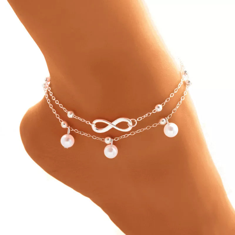 Women's alloy anklet with 8-shaped double-layer pearls in gold and silver