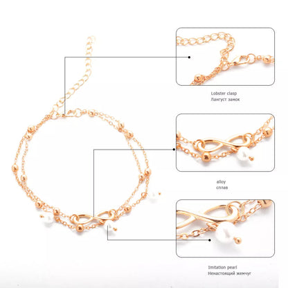 Women's alloy anklet with 8-shaped double-layer pearls in gold and silver