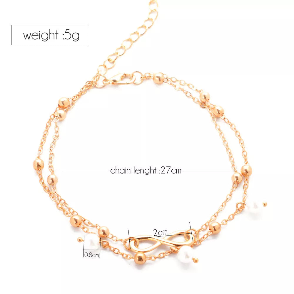 Women's alloy anklet with 8-shaped double-layer pearls in gold and silver