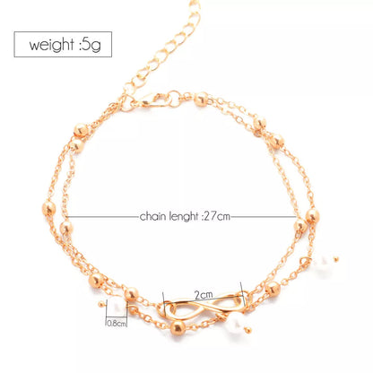 Women's alloy anklet with 8-shaped double-layer pearls in gold and silver