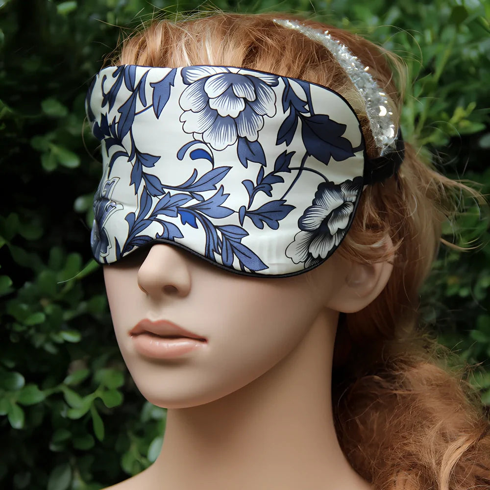 Double-sided mulberry silk eye mask in navy blue, 20.5x10.5cm size with adjustable elastic band, 30g weight