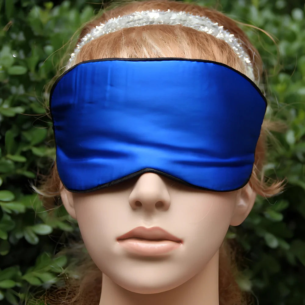 Double-sided mulberry silk eye mask in navy blue, 20.5x10.5cm size with adjustable elastic band, 30g weight