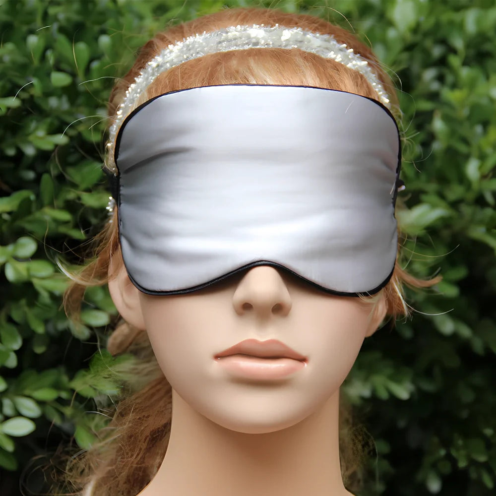 Double-sided mulberry silk eye mask in navy blue, 20.5x10.5cm size with adjustable elastic band, 30g weight