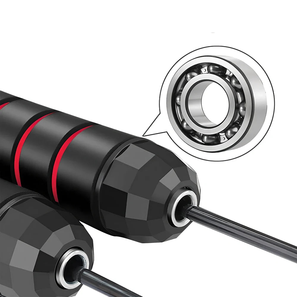 Steel core skipping rope with red handles, PVC coating, and adjustable length mechanism for fitness training