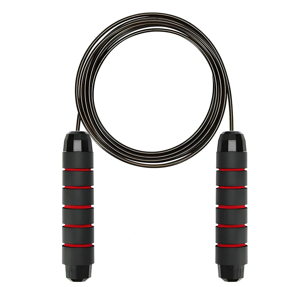 Steel core skipping rope with red handles, PVC coating, and adjustable length mechanism for fitness training
