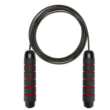 Steel core skipping rope with red handles, PVC coating, and adjustable length mechanism for fitness training