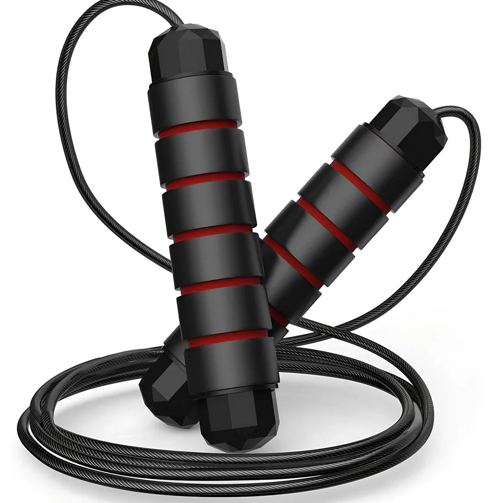 Steel core skipping rope with red handles, PVC coating, and adjustable length mechanism for fitness training