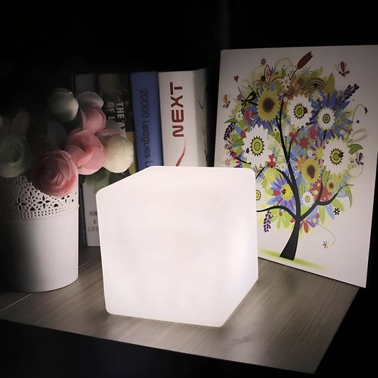 Square cube table lamp with LED lighting in modern design for restaurant atmosphere