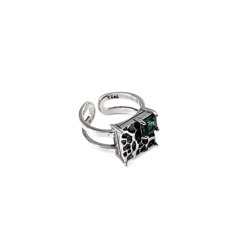 Vintage square dark green diamond S925 sterling silver ring with adjustable open design