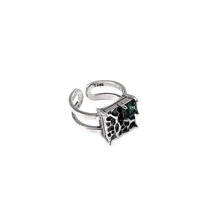 Vintage square dark green diamond S925 sterling silver ring with adjustable open design