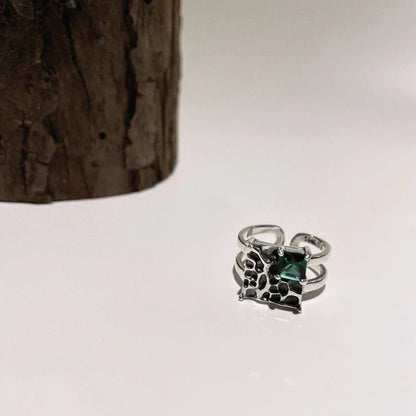 Vintage square dark green diamond S925 sterling silver ring with adjustable open design