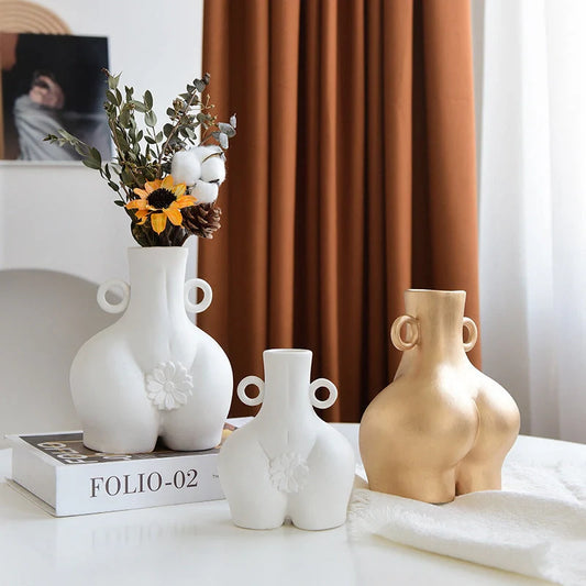 Nordic Human Body Ceramics Vases in white and golden, handmade for unique home decor