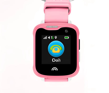 Children's waterproof smart watch with touch screen display showing time, black silicone strap