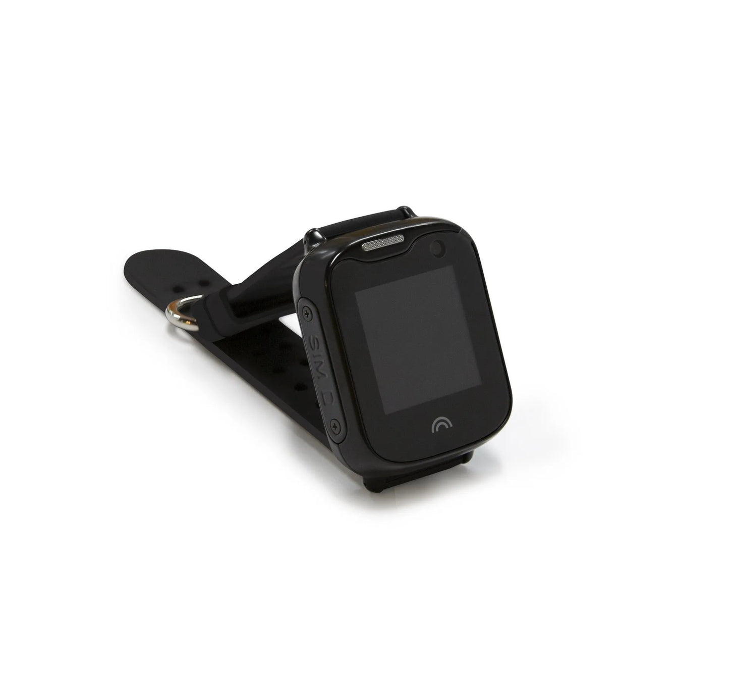 Children's waterproof smart watch with touch screen display showing time, black silicone strap