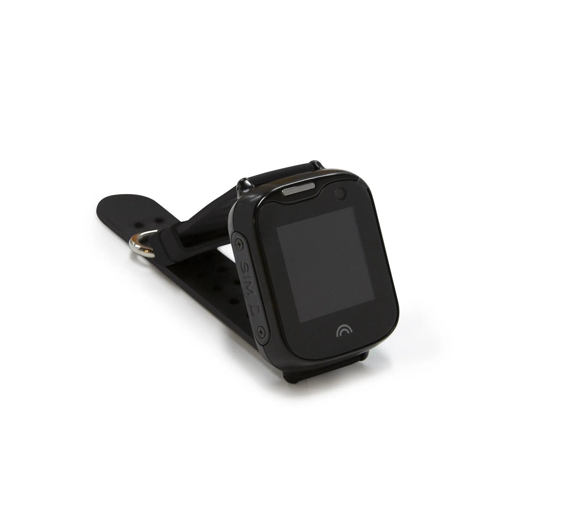 Children's waterproof smart watch with touch screen display showing time, black silicone strap