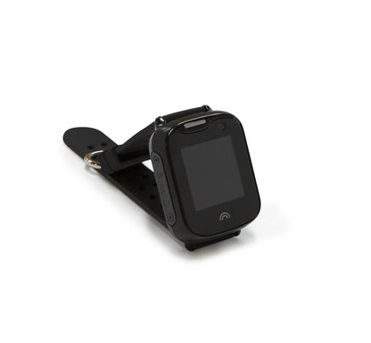 Children's waterproof smart watch with touch screen display showing time, black silicone strap