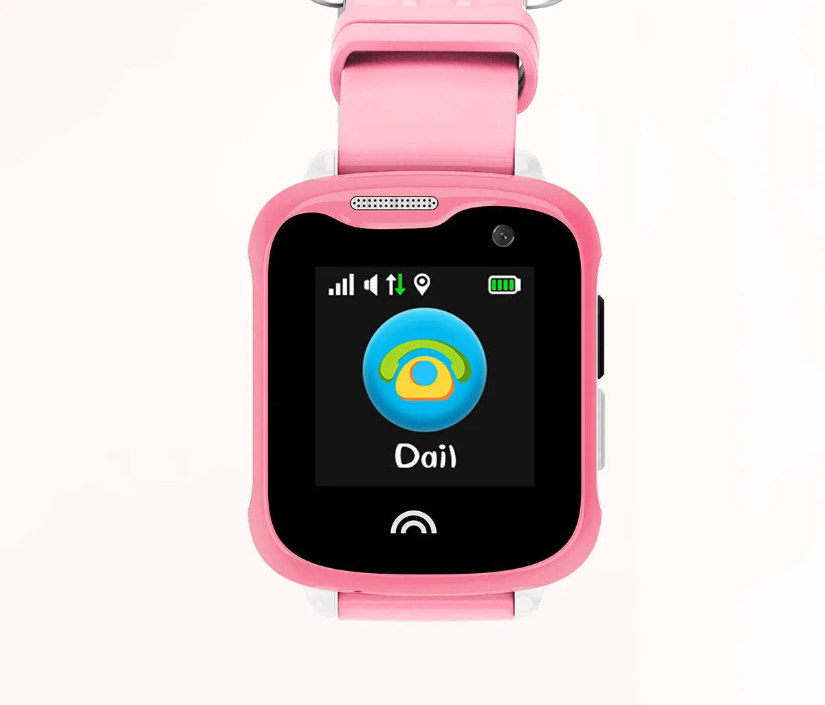 Children's waterproof smart watch with touch screen display showing time, black silicone strap