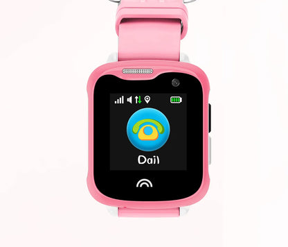 Children's waterproof smart watch with touch screen display showing time, black silicone strap