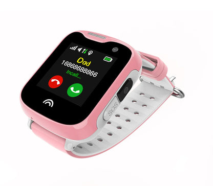 Children's waterproof smart watch with touch screen display showing time, black silicone strap