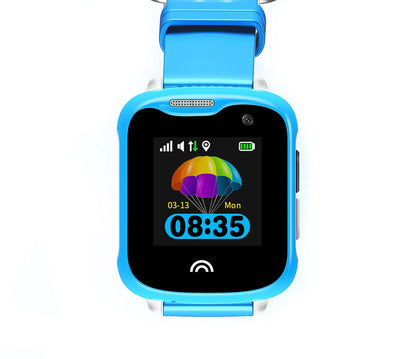 Children's waterproof smart watch with touch screen display showing time, black silicone strap