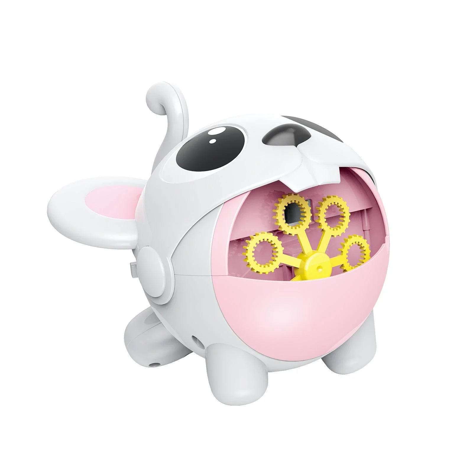 Automatic bubble machine producing a stream of bubbles, perfect for outdoor fun and entertainment with kids