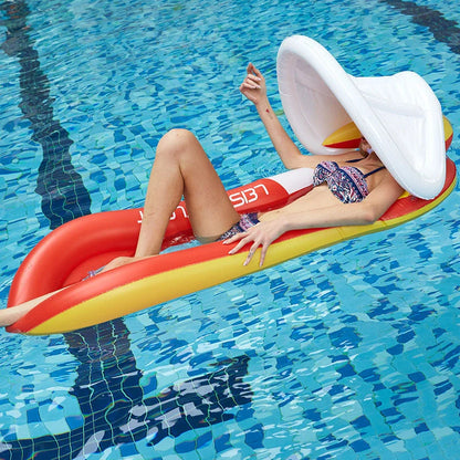 Inflatable floating bed with canopy on water, perfect for summer relaxation
