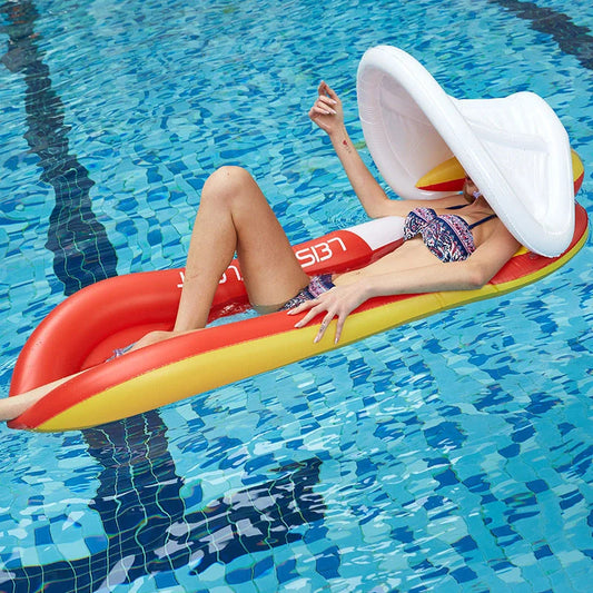 Inflatable floating bed with canopy on water, perfect for summer relaxation