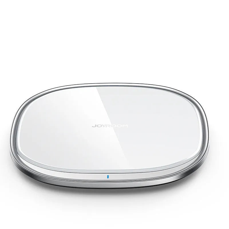 Black wireless charging pad with zinc alloy body and glass surface measuring 99.2mm square