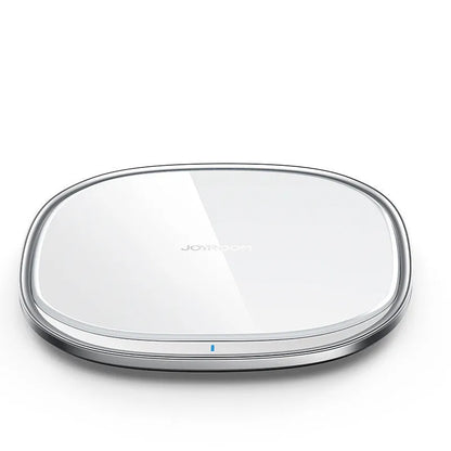 Black wireless charging pad with zinc alloy body and glass surface measuring 99.2mm square