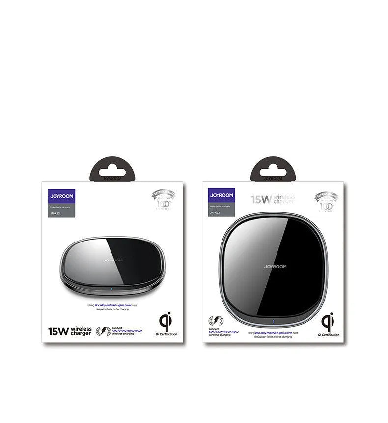 Black wireless charging pad with zinc alloy body and glass surface measuring 99.2mm square