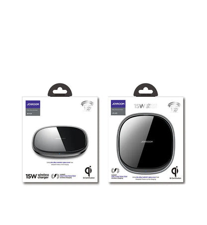 Black wireless charging pad with zinc alloy body and glass surface measuring 99.2mm square