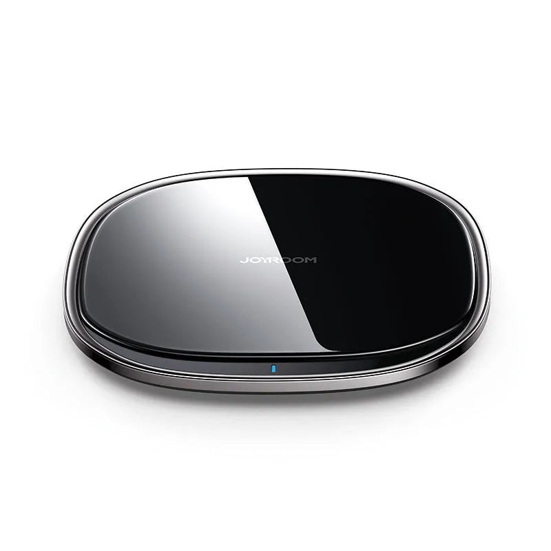 Black wireless charging pad with zinc alloy body and glass surface measuring 99.2mm square