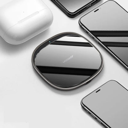 Black wireless charging pad with zinc alloy body and glass surface measuring 99.2mm square
