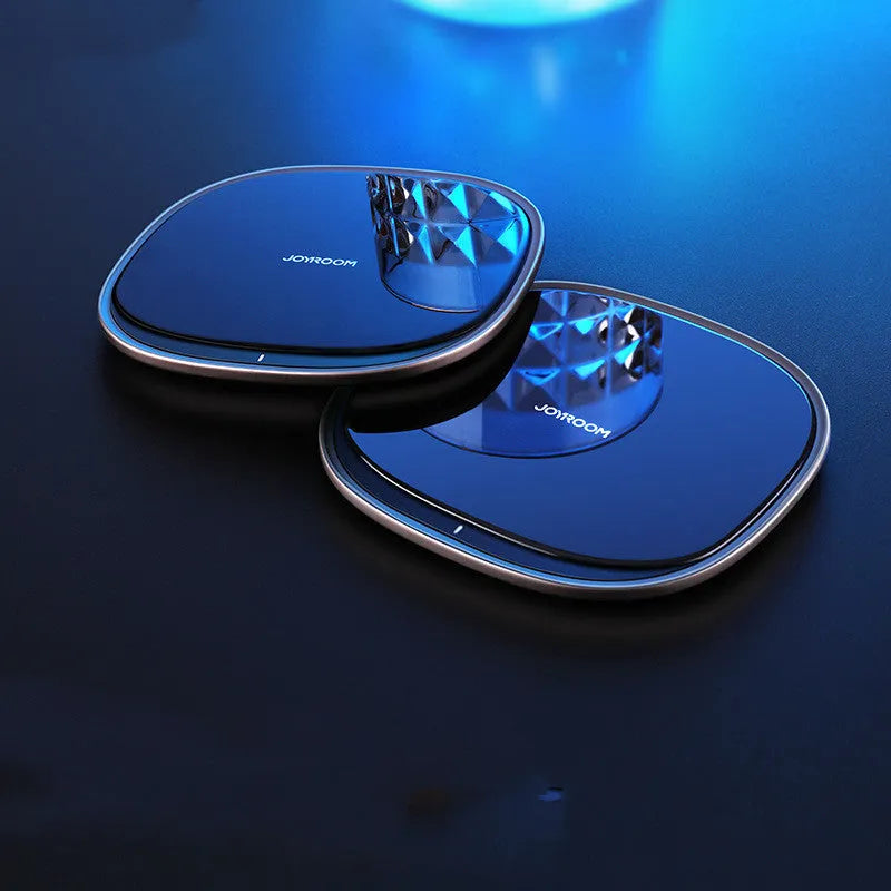 Black wireless charging pad with zinc alloy body and glass surface measuring 99.2mm square