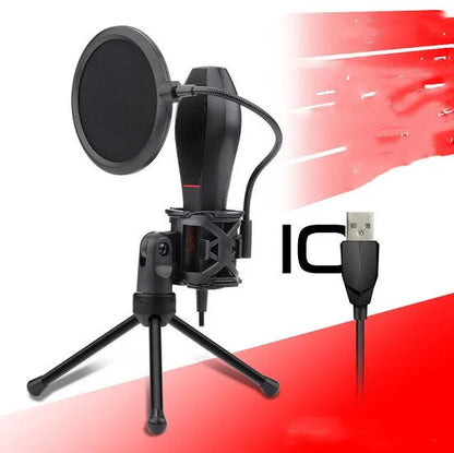 Black wired broadcast microphone with USB connection for live streaming and game commentary