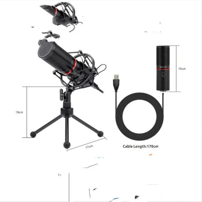 Black wired broadcast microphone with USB connection for live streaming and game commentary