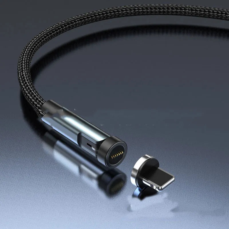 Black magnetic charging cable with rotating Apple, Micro USB, and USB-C connector heads on a white background.