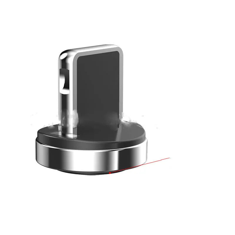 Black magnetic charging cable with rotating Apple, Micro USB, and USB-C connector heads on a white background.