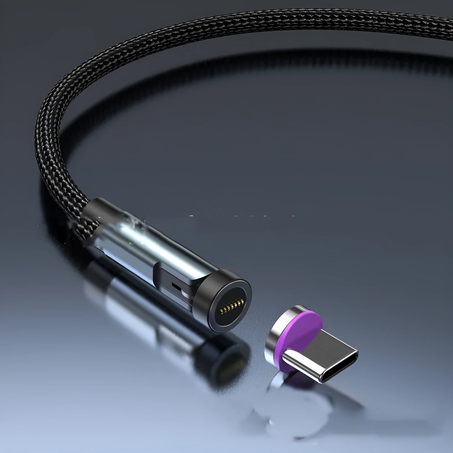 Black magnetic charging cable with rotating Apple, Micro USB, and USB-C connector heads on a white background.