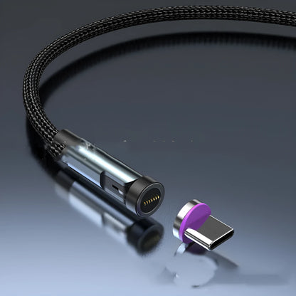 Black magnetic charging cable with rotating Apple, Micro USB, and USB-C connector heads on a white background.