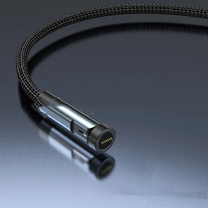 Black magnetic charging cable with rotating Apple, Micro USB, and USB-C connector heads on a white background.