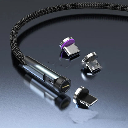 Black magnetic charging cable with rotating Apple, Micro USB, and USB-C connector heads on a white background.