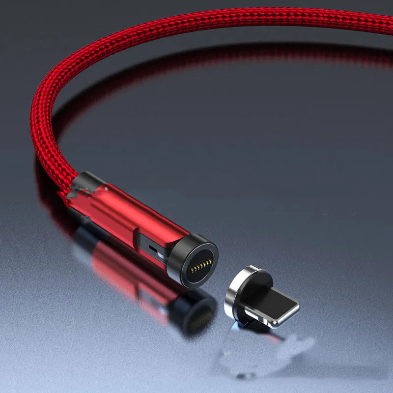 Black magnetic charging cable with rotating Apple, Micro USB, and USB-C connector heads on a white background.