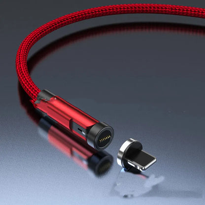 Black magnetic charging cable with rotating Apple, Micro USB, and USB-C connector heads on a white background.
