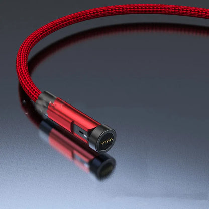 Black magnetic charging cable with rotating Apple, Micro USB, and USB-C connector heads on a white background.