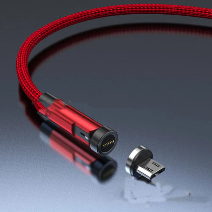 Black magnetic charging cable with rotating Apple, Micro USB, and USB-C connector heads on a white background.